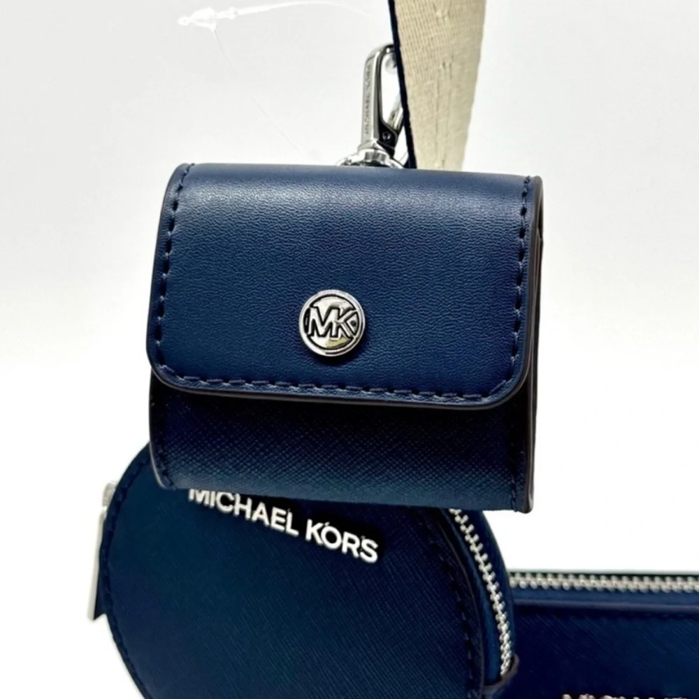 Michael Kors Small Leather Crossbody Bag w Case for Apple Airpods Pro® Navy - Picture 10 of 11